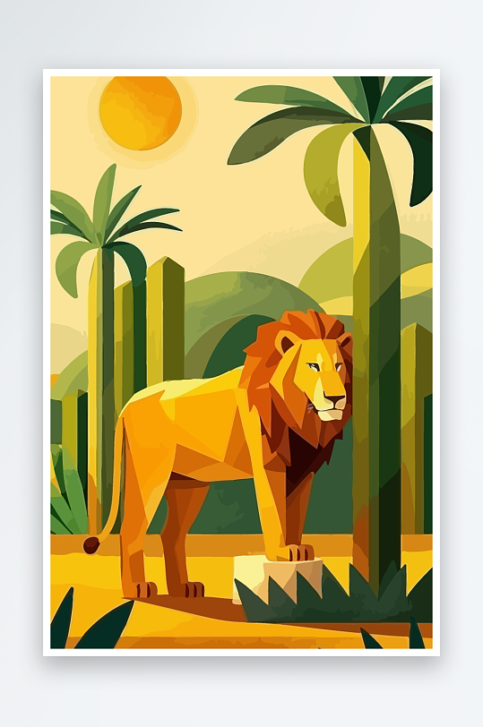 卡通狮子绿植插画元素-众图网