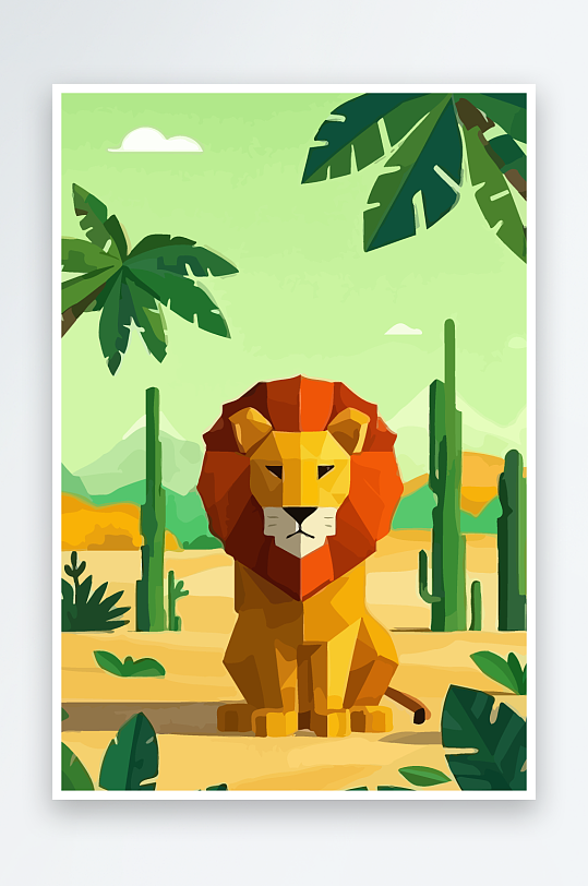 卡通狮子绿植插画元素-众图网