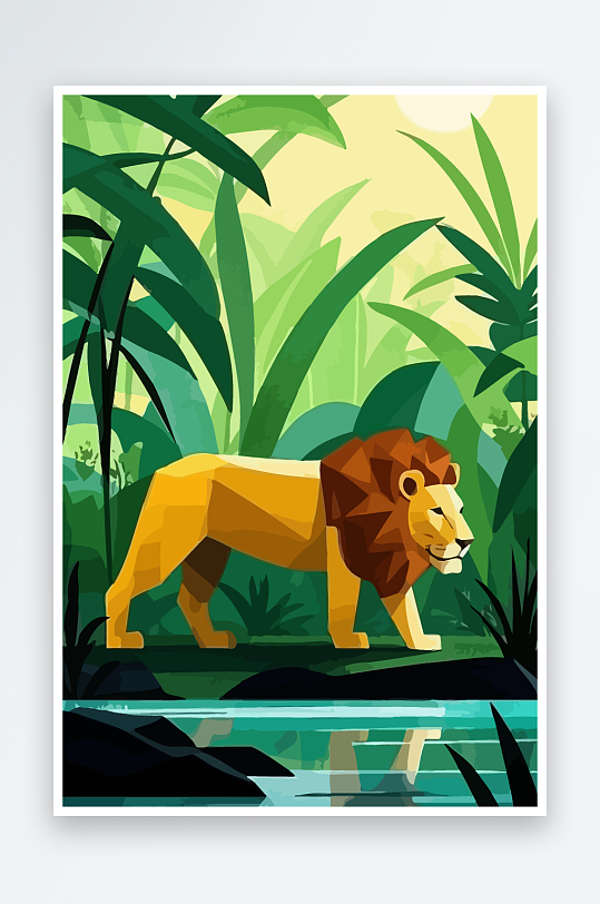 卡通狮子绿植插画-众图网