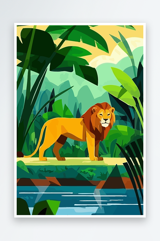 卡通狮子绿植插画-众图网