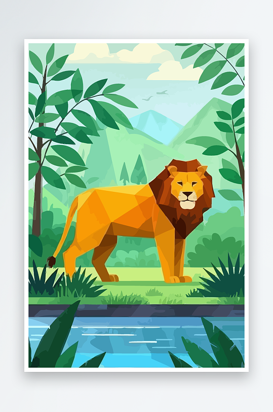 卡通狮子绿植插画-众图网