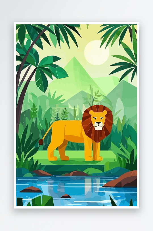 卡通狮子绿植插画-众图网