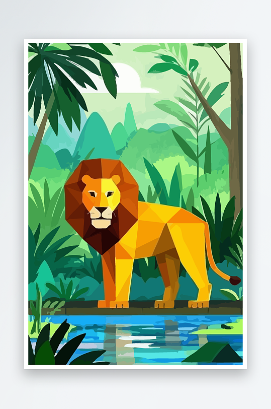 卡通狮子绿植插画-众图网