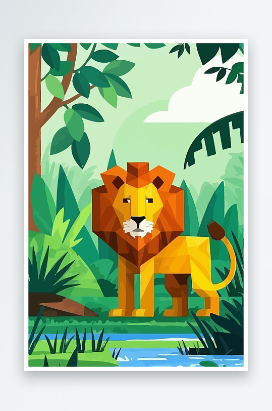 卡通狮子绿植插画-众图网