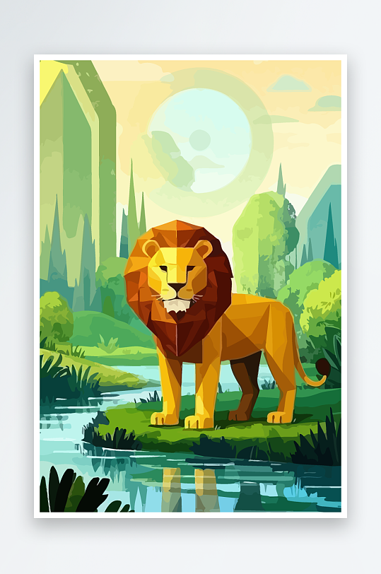 卡通狮子绿植插画-众图网