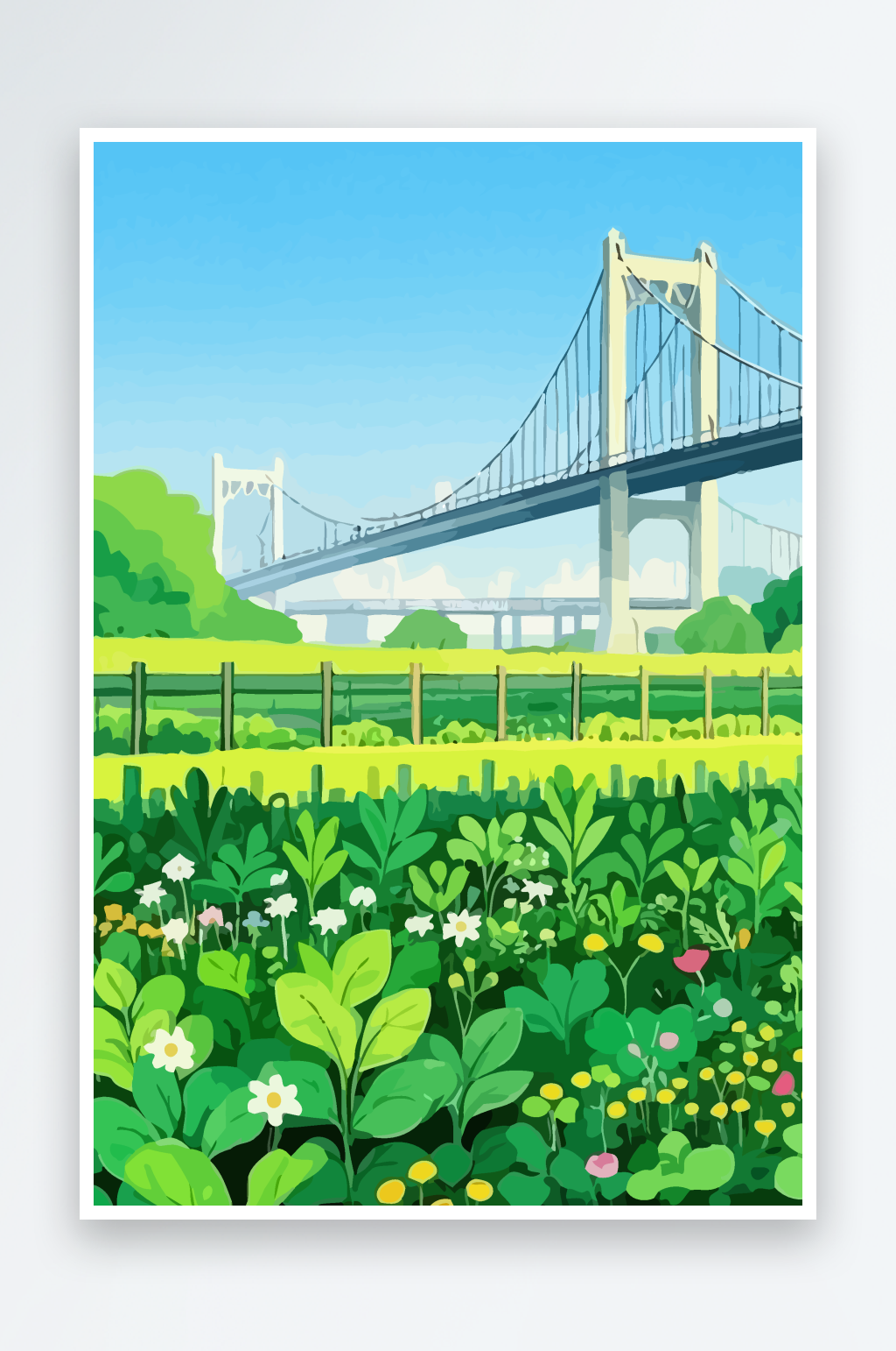 桥梁风景绿植插画元素素材