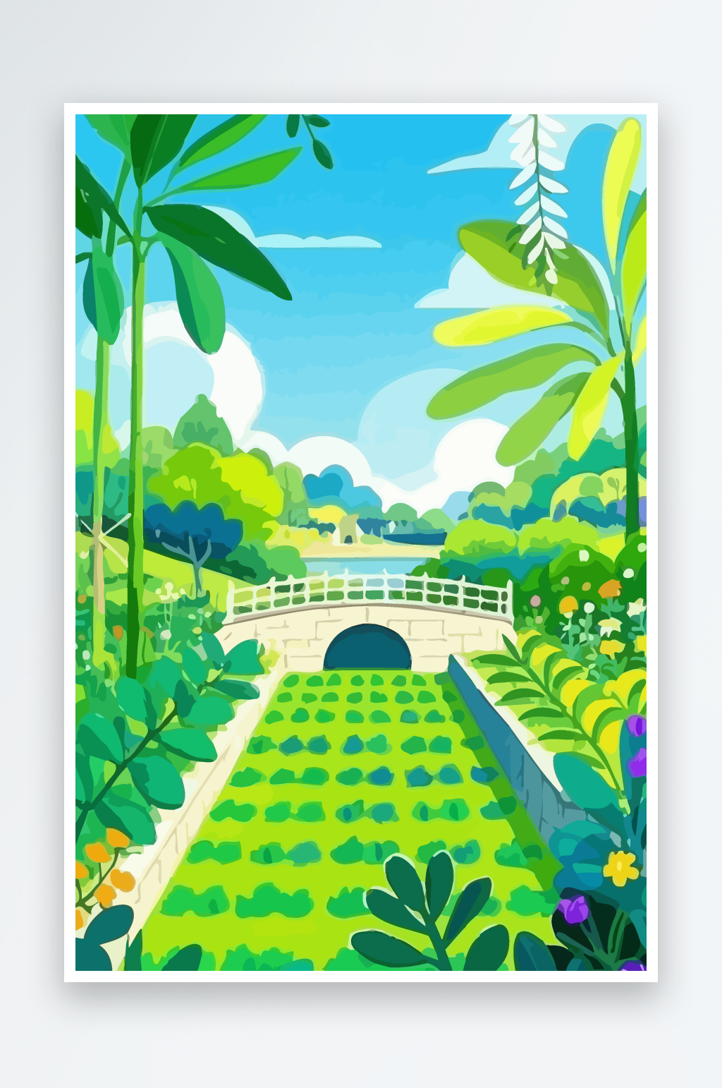 桥梁风景绿植插画素材