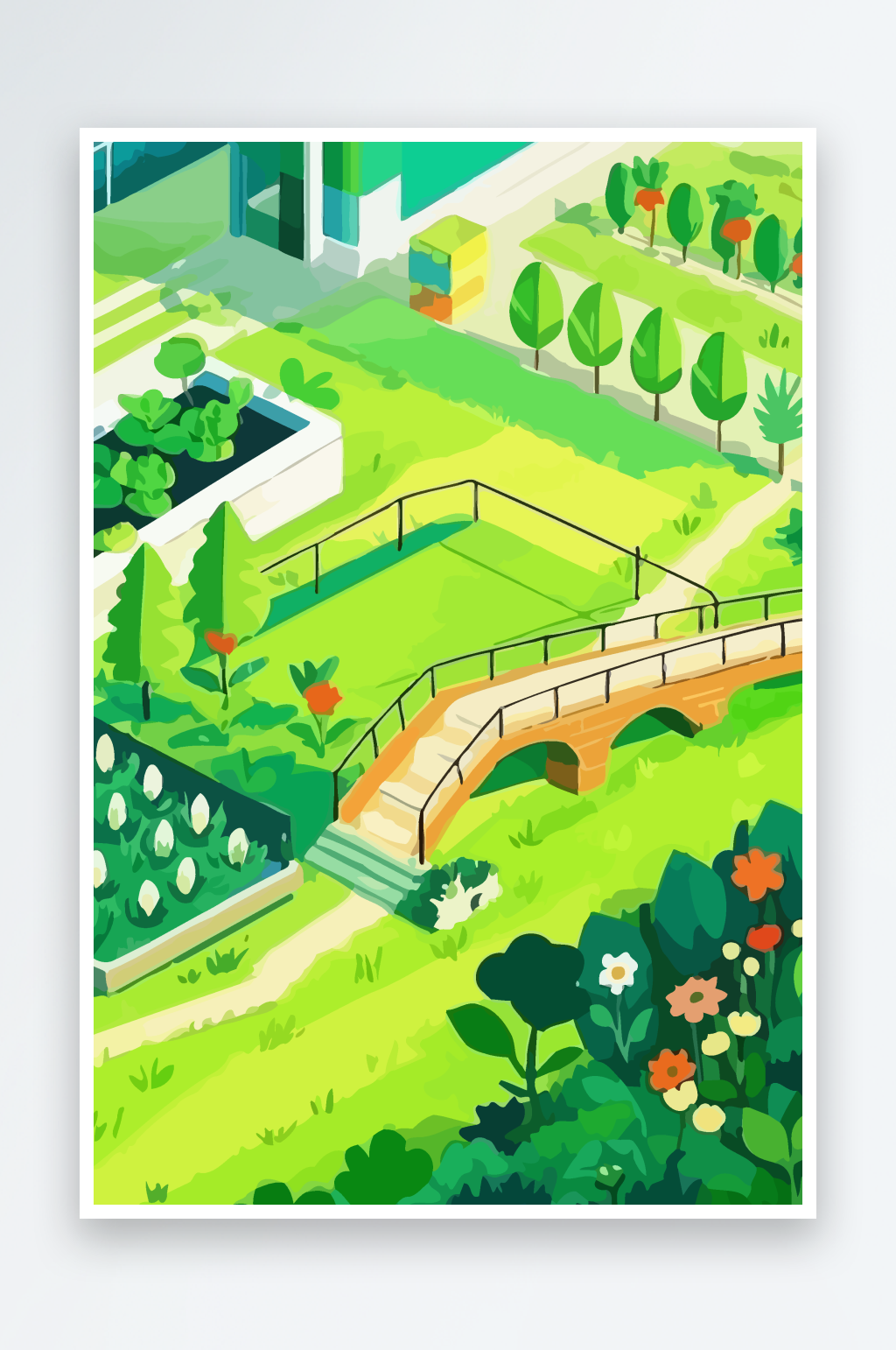 桥梁风景绿植插画素材