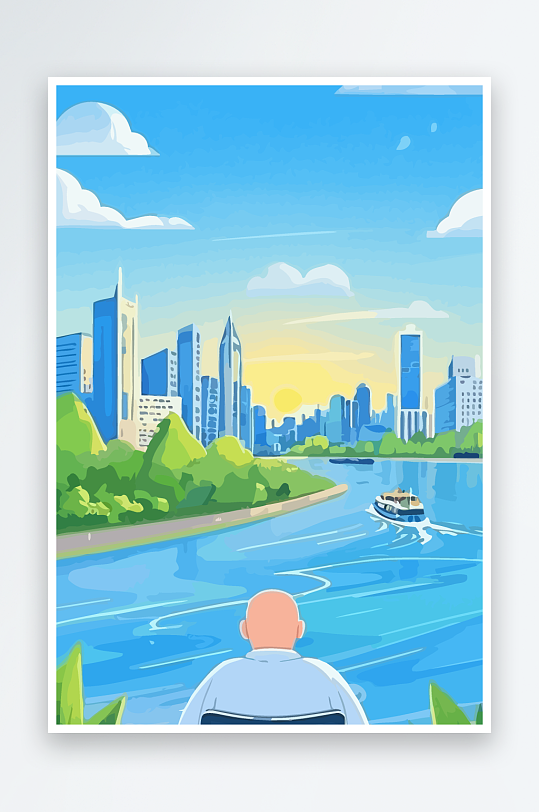 胖牛娃娃风景插画元素-众图网