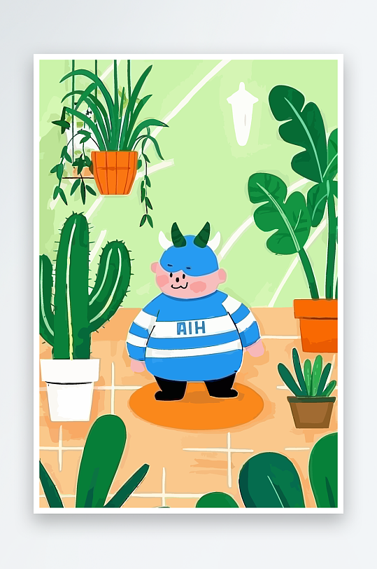 胖牛娃娃风景插画元素-众图网