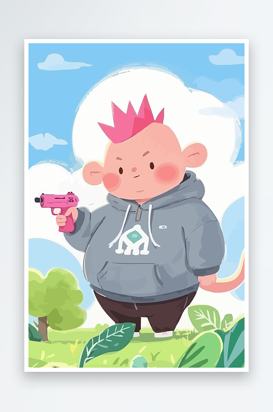 胖牛娃娃风景插画元素-众图网
