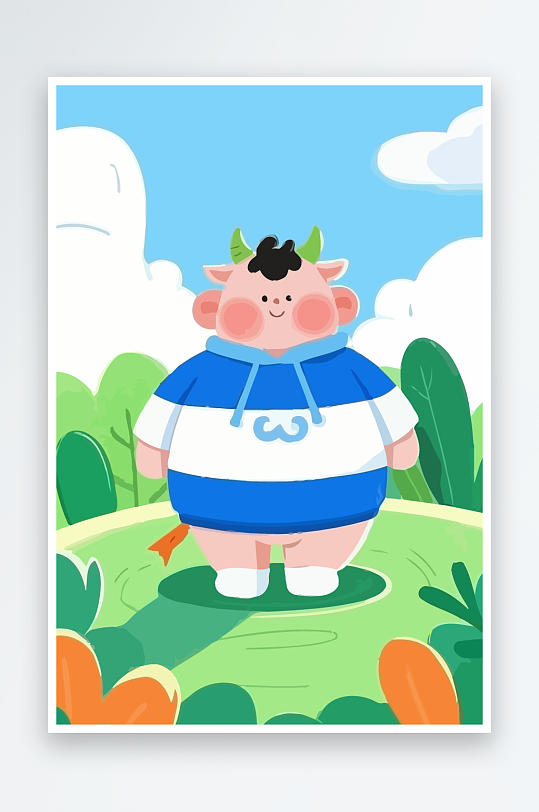 胖牛娃娃风景插画-众图网