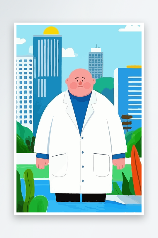 胖牛娃娃风景插画元素-众图网