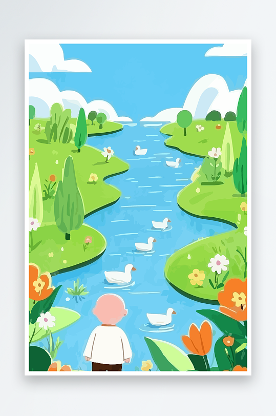 胖男孩风景矢量插画元素-众图网