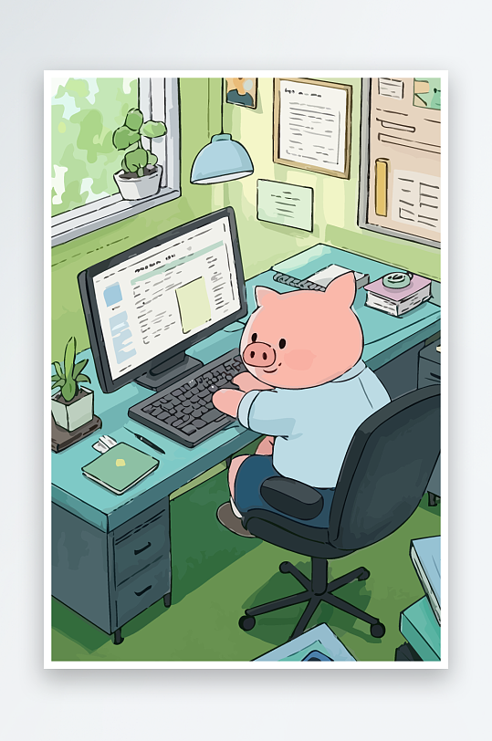 胖猪青年办公插画-众图网