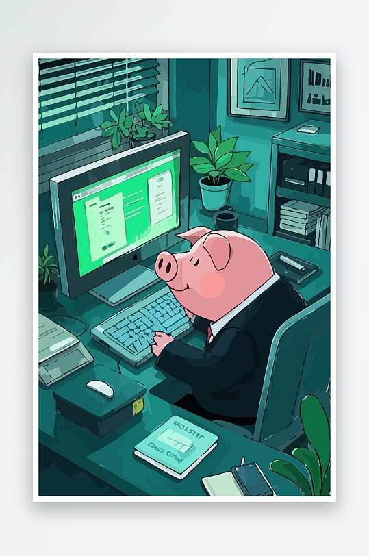 胖猪青年办公插画元素-众图网