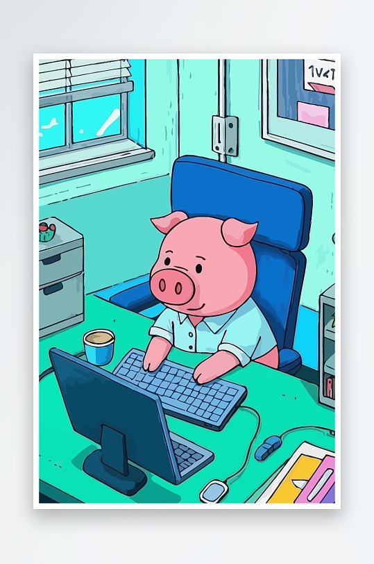 胖猪青年办公插画元素-众图网
