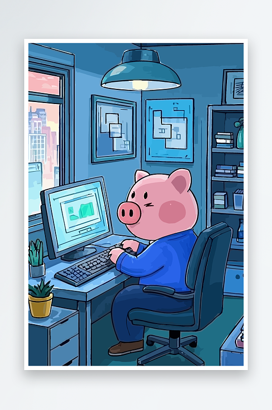 胖猪青年办公插画元素-众图网