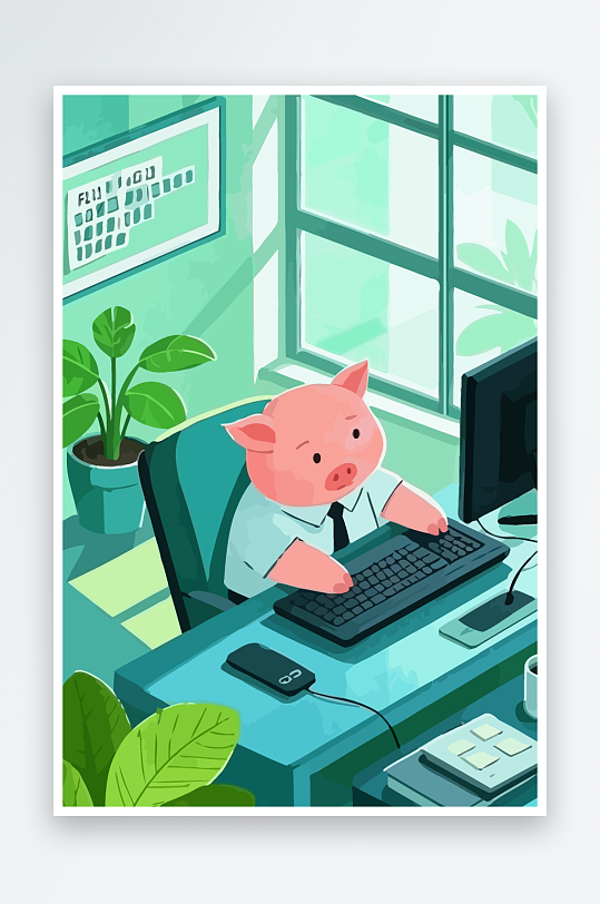 胖猪青年办公插画元素-众图网