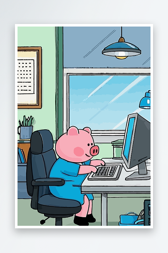 胖猪青年办公插画元素-众图网