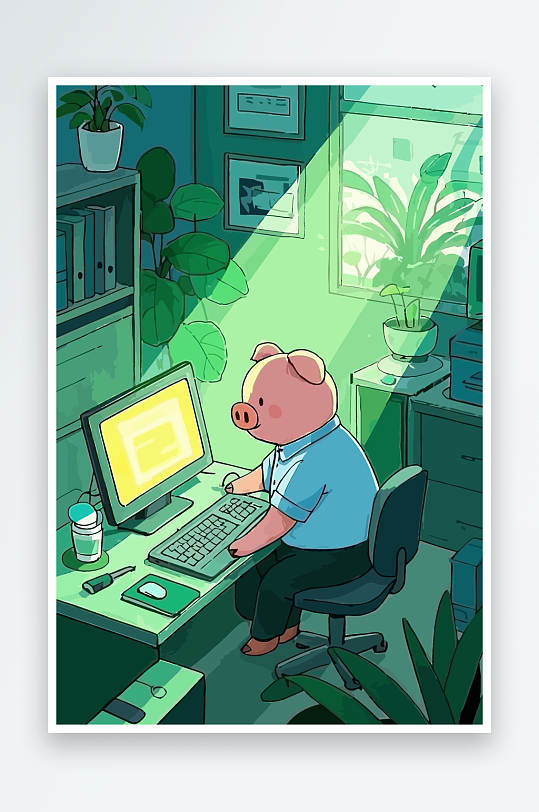胖猪青年办公插画元素-众图网