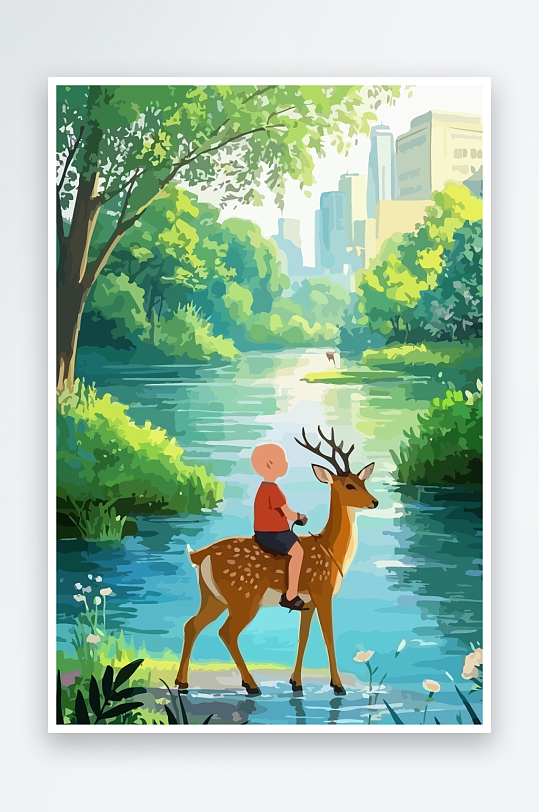梅花鹿孩童风景插画元素-众图网