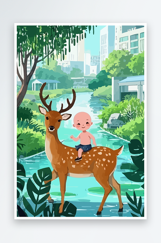 梅花鹿孩童风景插画元素-众图网