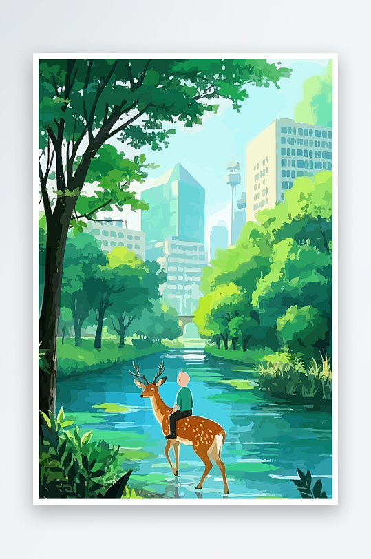 梅花鹿孩童风景插画元素-众图网