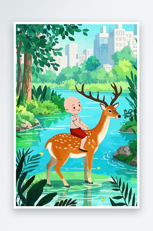 梅花鹿孩童风景插画元素-众图网