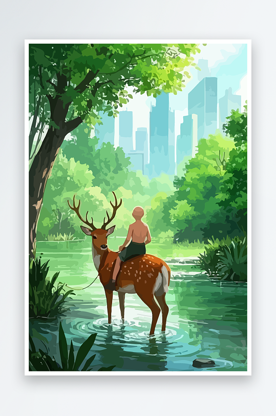 梅花鹿孩童风景插画元素-众图网
