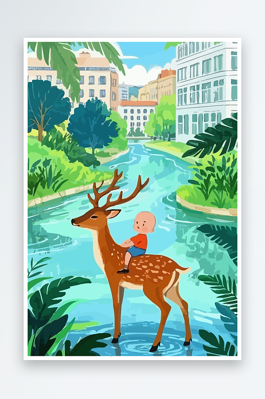 梅花鹿孩童风景插画元素-众图网