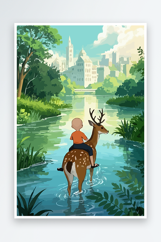 梅花鹿孩童风景插画元素-众图网