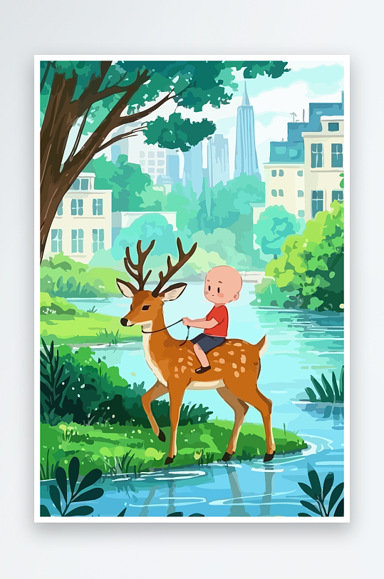 梅花鹿孩童风景插画元素-众图网