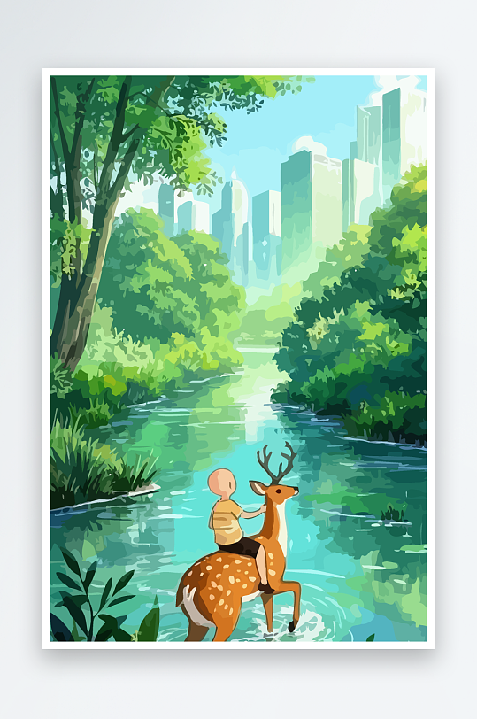 梅花鹿孩童风景插画-众图网