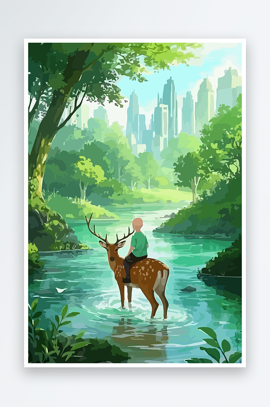 梅花鹿孩童风景插画-众图网