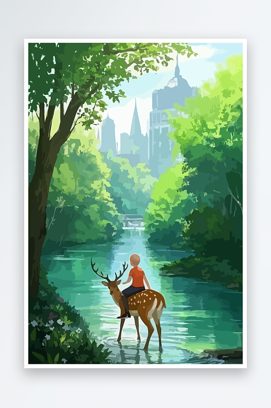 梅花鹿孩童风景插画-众图网