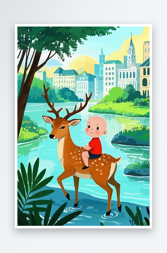 梅花鹿孩童风景插画-众图网