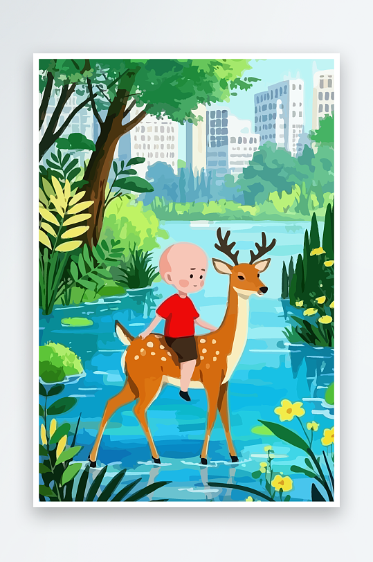 梅花鹿孩童风景插画-众图网