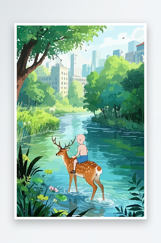 梅花鹿孩童风景插画-众图网
