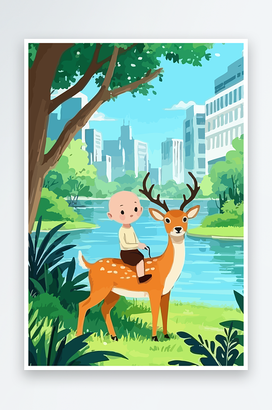 梅花鹿孩童风景插画-众图网