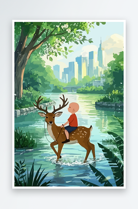 梅花鹿孩童风景插画-众图网