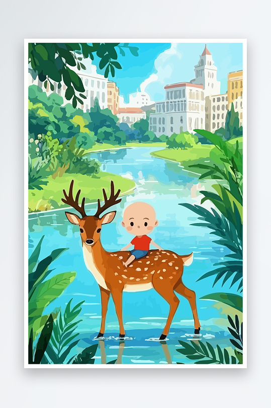梅花鹿孩童风景插画-众图网