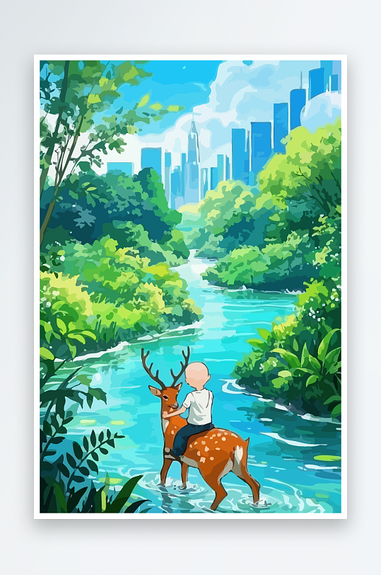 梅花鹿孩童风景插画-众图网