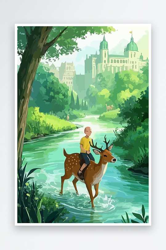 梅花鹿孩童风景插画元素-众图网