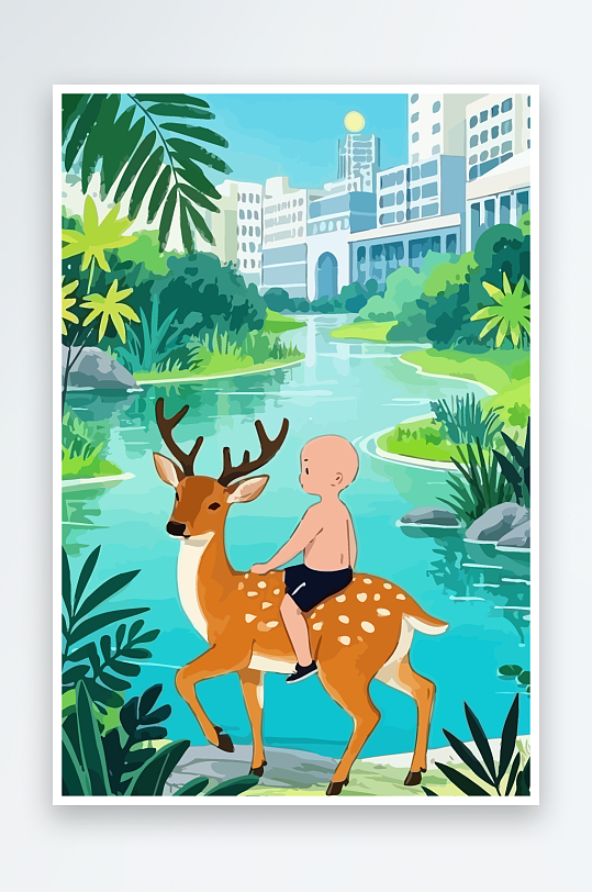 梅花鹿孩童风景插画元素-众图网