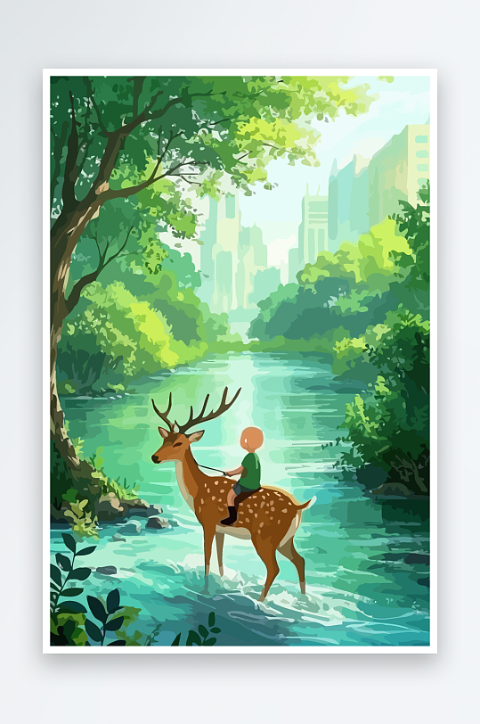 梅花鹿孩童风景插画-众图网