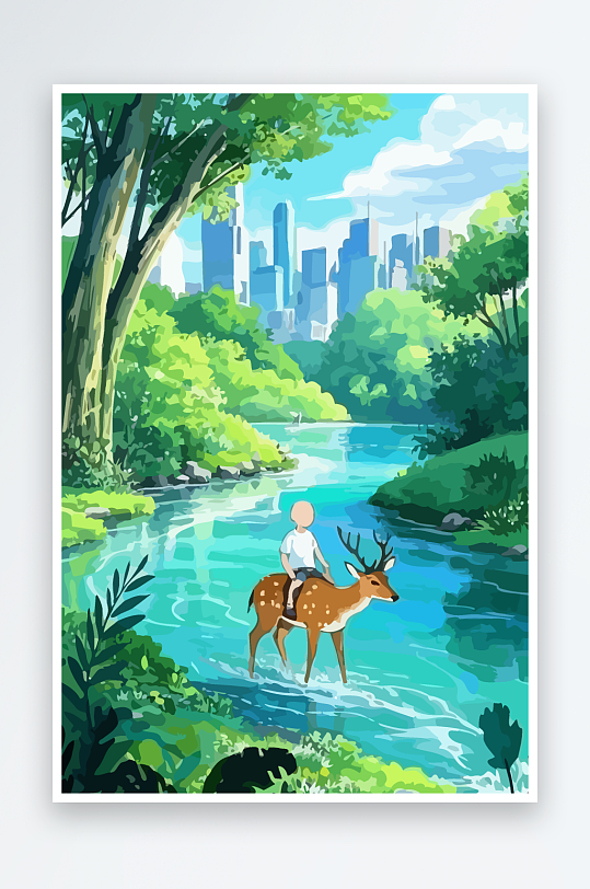 梅花鹿孩童风景插画-众图网