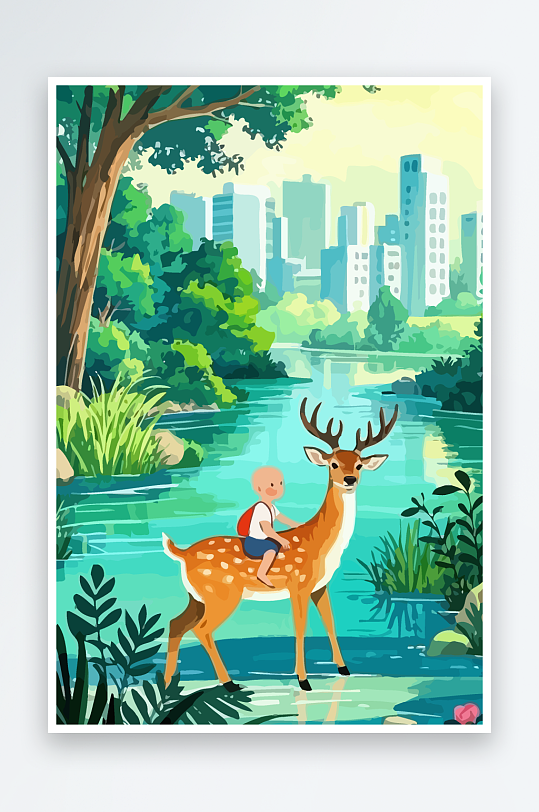 梅花鹿孩童风景插画-众图网