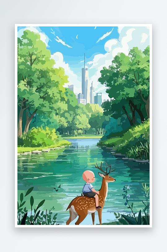 梅花鹿孩童风景插画-众图网