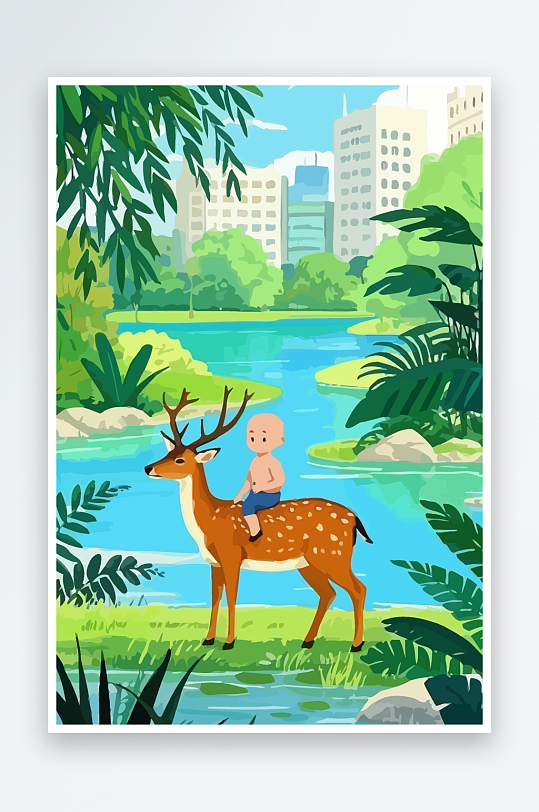 梅花鹿孩童风景插画-众图网